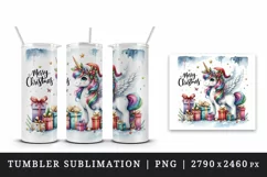 Watercolor cute sparkle unicorn present gift Merry Christmas quote print 20 oz tumbler skinny mug wrap clipart t-shirt sublimation printable design