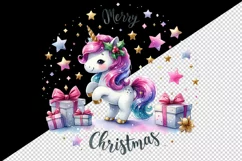 Watercolor cute sparkle unicorn present gift Merry Christmas quote print 20 oz tumbler skinny mug wrap clipart t-shirt sublimation printable design