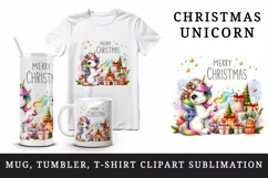 Watercolor cute sparkle unicorn present gift Merry Christmas quote print 20 oz tumbler skinny mug wrap clipart t-shirt sublimation printable design