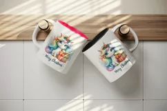 Watercolor cute sparkle unicorn present gift Merry Christmas quote print 20 oz tumbler skinny mug wrap clipart t-shirt sublimation printable design