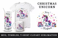 Watercolor cute sparkle unicorn present gift Merry Christmas quote print 20 oz tumbler skinny mug wrap clipart t-shirt sublimation printable design