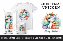 Watercolor cute sparkle unicorn present gift Merry Christmas quote print 20 oz tumbler skinny mug wrap clipart t-shirt sublimation printable design