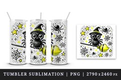 Watercolor cute spider sitting on neon yellow broomstick Halloween print 20 oz tumbler skinny mug wrap clipart t-shirt sublimation printable design