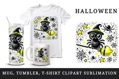 Watercolor cute spider sitting on neon yellow broomstick Halloween print 20 oz tumbler skinny mug wrap clipart t-shirt sublimation printable design