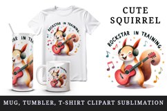 Watercolor cute squirrel play guitar music notes Rockstar in training quote print tumbler skinny mug wrap clipart t-shirt sublimation printable design