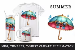 Watercolor cute summer beach umbrella smiling with sunglasses print 20 oz tumbler skinny mug wrap clipart t-shirt sublimation printable design