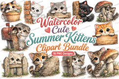 Watercolor Cute Summer Kittens Clipart Bundle,Summer Kittens Product Image 1