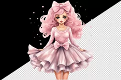 Watercolor cute sweet and charming doll girl pink sparkle pink dress and bow 20oz tumbler skinny mug wrap clipart t-shirt sublimation printable design
