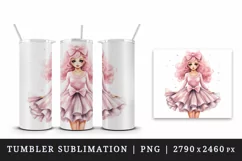 Watercolor cute sweet and charming doll girl pink sparkle pink dress and bow 20oz tumbler skinny mug wrap clipart t-shirt sublimation printable design