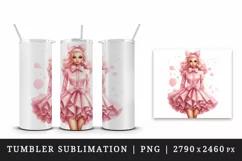 Watercolor cute sweet and charming doll girl pink sparkle pink dress and bow 20oz tumbler skinny mug wrap clipart t-shirt sublimation printable design