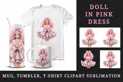 Watercolor cute sweet and charming doll girl pink sparkle pink dress and bow 20oz tumbler skinny mug wrap clipart t-shirt sublimation printable design