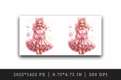 Watercolor cute sweet and charming doll girl pink sparkle pink dress and bow 20oz tumbler skinny mug wrap clipart t-shirt sublimation printable design