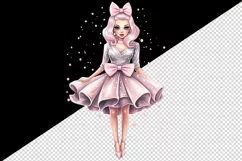 Watercolor cute sweet and charming doll girl pink sparkle pink dress and bow 20oz tumbler skinny mug wrap clipart t-shirt sublimation printable design