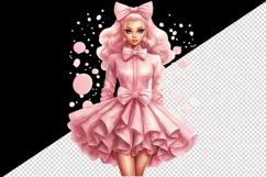 Watercolor cute sweet and charming doll girl pink sparkle pink dress and bow 20oz tumbler skinny mug wrap clipart t-shirt sublimation printable design