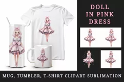 Watercolor cute sweet and charming doll girl pink sparkle pink dress and bow 20oz tumbler skinny mug wrap clipart t-shirt sublimation printable design