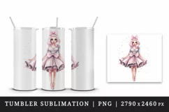 Watercolor cute sweet and charming doll girl pink sparkle pink dress and bow 20oz tumbler skinny mug wrap clipart t-shirt sublimation printable design