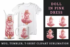 Watercolor cute sweet and charming doll girl pink sparkle pink dress and bow 20oz tumbler skinny mug wrap clipart t-shirt sublimation printable design