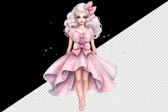 Watercolor cute sweet and charming doll girl sparkle pink dress and bow 20oz tumbler skinny mug wrap clipart t-shirt sublimation printable design