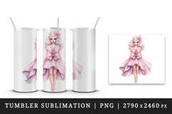 Watercolor cute sweet and charming doll girl sparkle pink dress and bow 20oz tumbler skinny mug wrap clipart t-shirt sublimation printable design