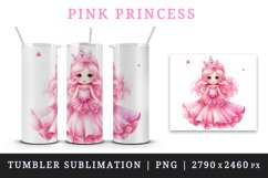 Watercolor cute sweet and charming princess girl with pink sparkle dress and crown 20 oz tumbler skinny mug wrap clipart t-shirt sublimation printable design