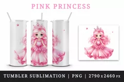 Watercolor cute sweet and charming princess girl with pink sparkle dress and crown 20 oz tumbler skinny mug wrap clipart t-shirt sublimation printable design