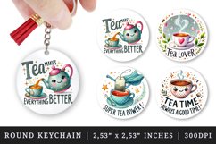 Watercolor cute tea kettle cup teacup with steam teapot bag leaves tea time tea lover quote print round keychain keychains sublimation design