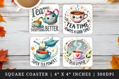 Watercolor cute tea kettle cup teacup with steam teapot bag leaves tea time tea lover quote print square coaster mug coasters sublimation design