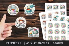 Watercolor cute tea kettle cup teacup with steam teapot bag leaves tea time tea lover quote print sticker sheet stickers printable sublimation design png