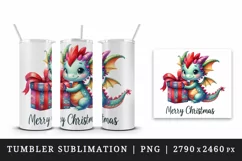 Watercolor cute tiny baby dragon gift Merry Christmas quote print 20 oz tumbler skinny mug wrap clipart t-shirt sublimation printable design