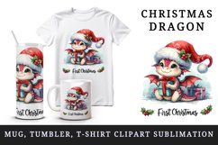 Watercolor cute tiny baby dragon gift Santa hat First Christmas quote print 20 oz tumbler skinny mug wrap clipart t-shirt sublimation printable design