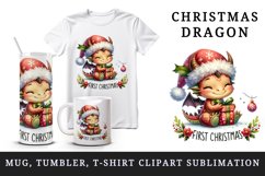 Watercolor cute tiny baby dragon gift Santa hat First Christmas quote print 20 oz tumbler skinny mug wrap clipart t-shirt sublimation printable design