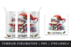 Watercolor cute tiny baby dragon gift Santa hat First Christmas quote print 20 oz tumbler skinny mug wrap clipart t-shirt sublimation printable design