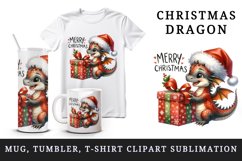 Watercolor cute tiny baby dragon gift Santa hat Merry Christmas quote print 20 oz tumbler skinny mug wrap clipart t-shirt sublimation printable design