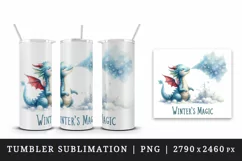 Watercolor cute tiny Christmas dragon snowflakes Winter magic quote print 20 oz tumbler skinny mug wrap clipart t-shirt sublimation printable design