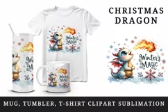 Watercolor cute tiny Christmas dragon snowflakes Winter magic quote print 20 oz tumbler skinny mug wrap clipart t-shirt sublimation printable design