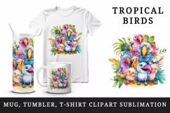 Watercolor cute tropical birds family summer vacation print 20 oz tumbler skinny mug wrap clipart t-shirt sublimation printable design