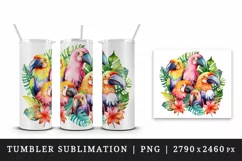 Watercolor cute tropical birds family summer vacation print 20 oz tumbler skinny mug wrap clipart t-shirt sublimation printable design