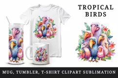 Watercolor cute tropical birds family summer vacation print 20 oz tumbler skinny mug wrap clipart t-shirt sublimation printable design