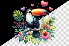 Watercolor cute tropical toucan on branch love heart Valentine Day print 20 oz tumbler skinny mug wrap clipart t-shirt sublimation printable design