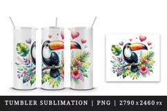 Watercolor cute tropical toucan on branch love heart Valentine Day print 20 oz tumbler skinny mug wrap clipart t-shirt sublimation printable design