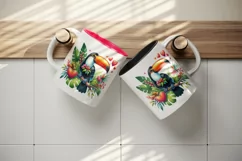 Watercolor cute tropical toucan on branch love heart Valentine Day print 20 oz tumbler skinny mug wrap clipart t-shirt sublimation printable design