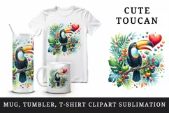Watercolor cute tropical toucan on branch love heart Valentine Day print 20 oz tumbler skinny mug wrap clipart t-shirt sublimation printable design