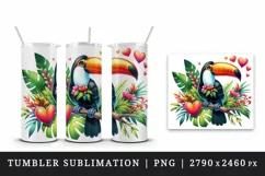 Watercolor cute tropical toucan on branch love heart Valentine Day print 20 oz tumbler skinny mug wrap clipart t-shirt sublimation printable design