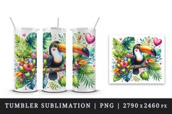 Watercolor cute tropical toucan on branch love heart Valentine Day print 20 oz tumbler skinny mug wrap clipart t-shirt sublimation printable design