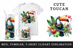 Watercolor cute tropical toucan on branch love heart Valentine Day print 20 oz tumbler skinny mug wrap clipart t-shirt sublimation printable design