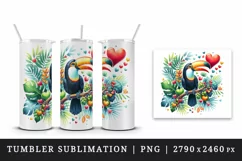 Watercolor cute tropical toucan on branch love heart Valentine Day print 20 oz tumbler skinny mug wrap clipart t-shirt sublimation printable design