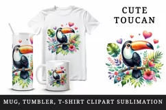 Watercolor cute tropical toucan on branch love heart Valentine Day print 20 oz tumbler skinny mug wrap clipart t-shirt sublimation printable design
