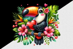 Watercolor cute tropical toucan on branch love heart Valentine Day print 20 oz tumbler skinny mug wrap clipart t-shirt sublimation printable design
