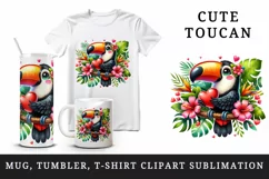 Watercolor cute tropical toucan on branch love heart Valentine Day print 20 oz tumbler skinny mug wrap clipart t-shirt sublimation printable design