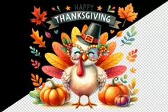 Watercolor cute turkey glasses hat autumn leaves pumpkin Happy Thanksgiving quote tumbler skinny mug wrap clipart t-shirt sublimation printable design
